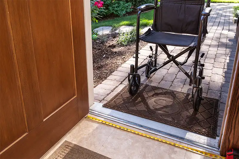 Wheelchair parked outside the accessible entrance of The Buckingham Inn, featuring a flat threshold and spacious entry for inclusive lodging.